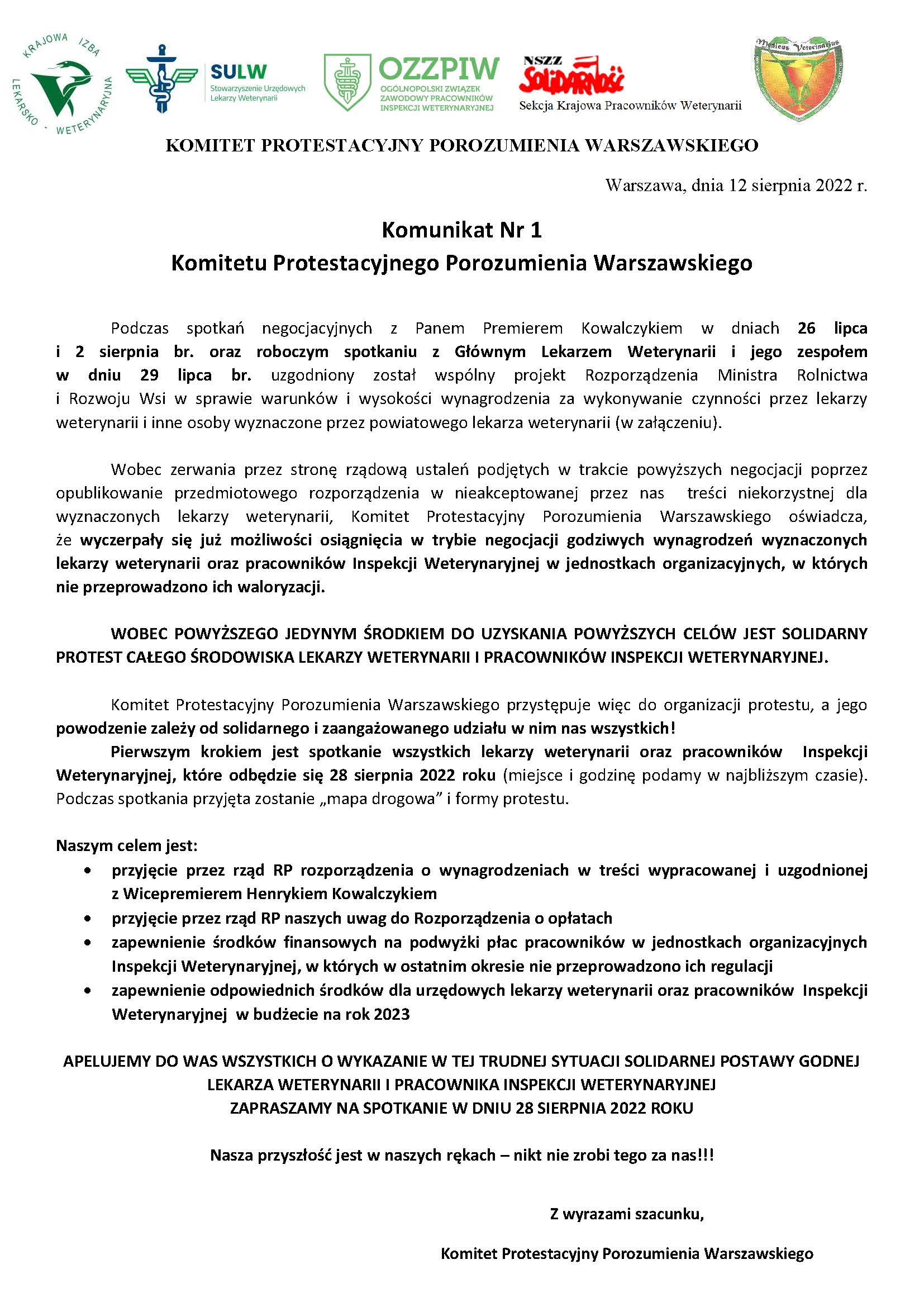 Komunikat Nr 1 Komitetu Protestacyjnego Porozumienia Warszawskiego