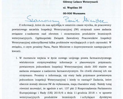 Pismo do Głównego Lekarza Weterynarii w sprawie „ankiet farmaceutycznych”.