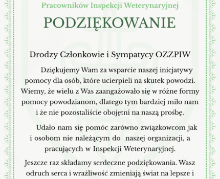 Podziękowanie dla Członków i Sympatyków OZZPIW za wparcie powodzian