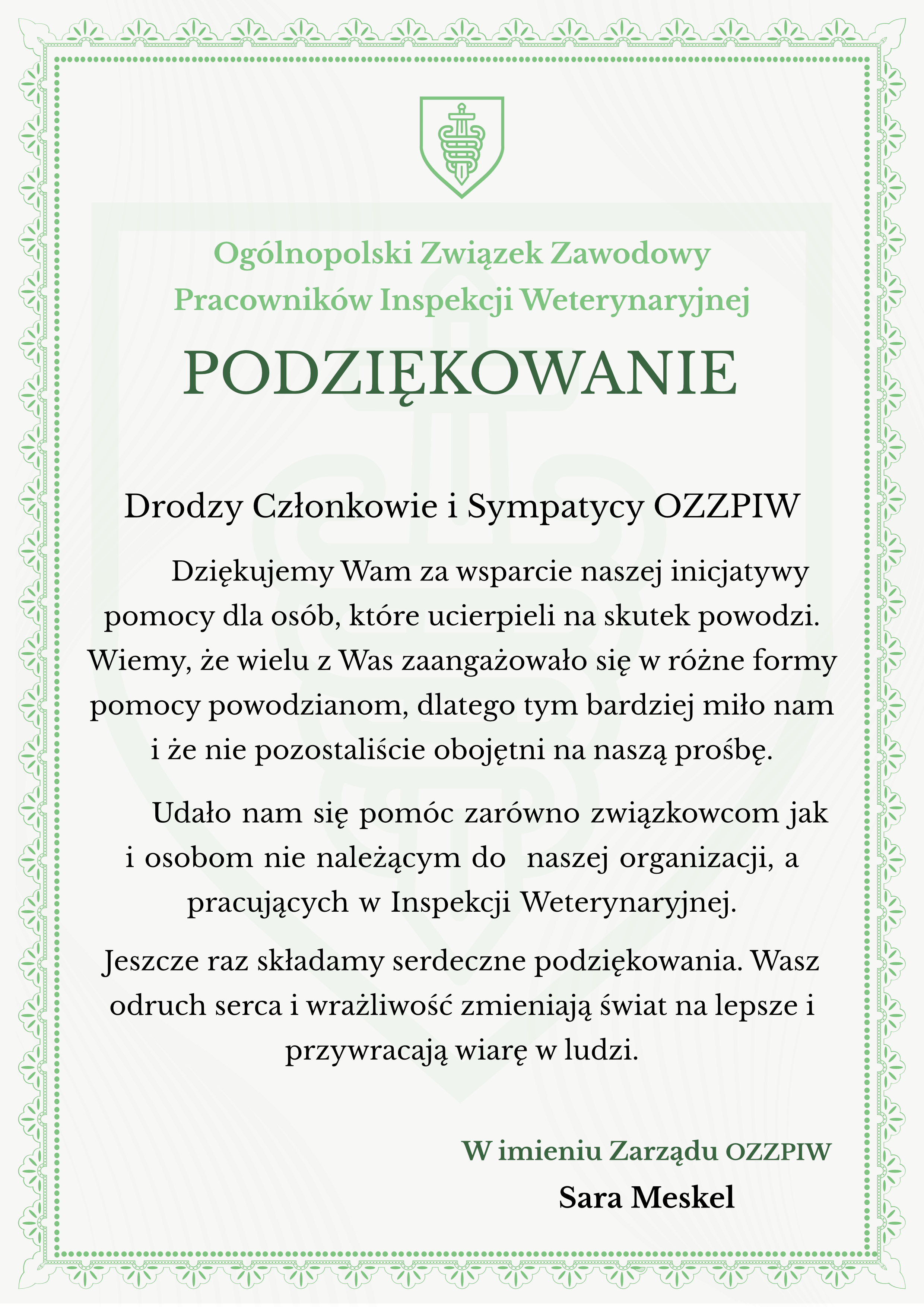 Podziękowanie dla Członków i Sympatyków OZZPIW za wparcie powodzian