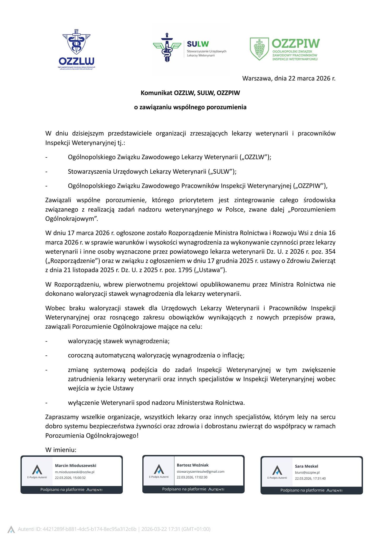 Porozumienie środowiska weterynaryjnego – wspólne działania OZZLW, SULW i OZZPIW