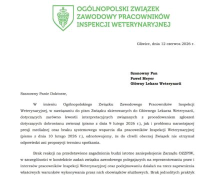 Brak odpowiedzi na wcześniejsze postulaty. OZZPIW ponawia apel do Głównego Lekarza Weterynarii