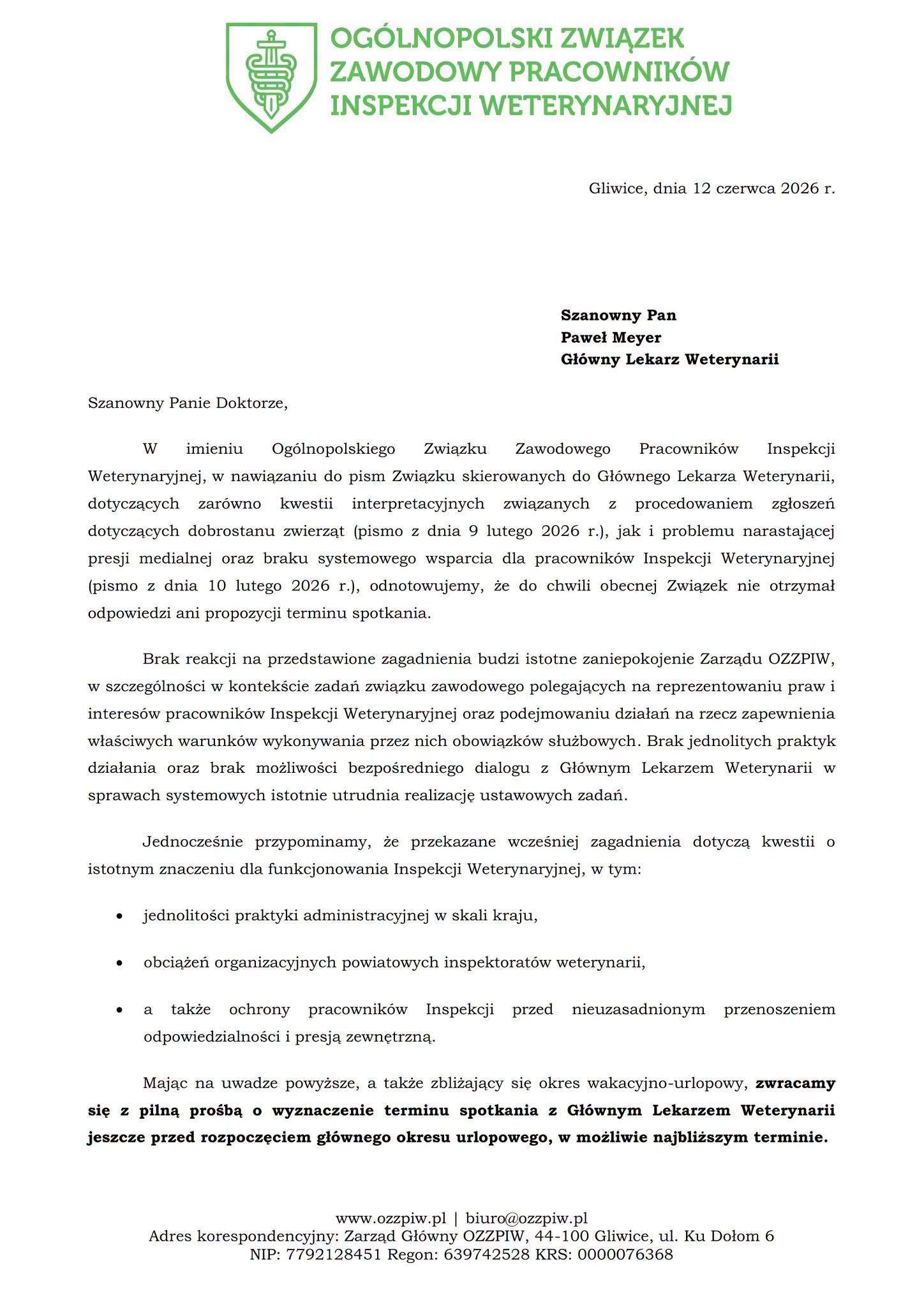 Brak odpowiedzi na wcześniejsze postulaty. OZZPIW ponawia apel do Głównego Lekarza Weterynarii