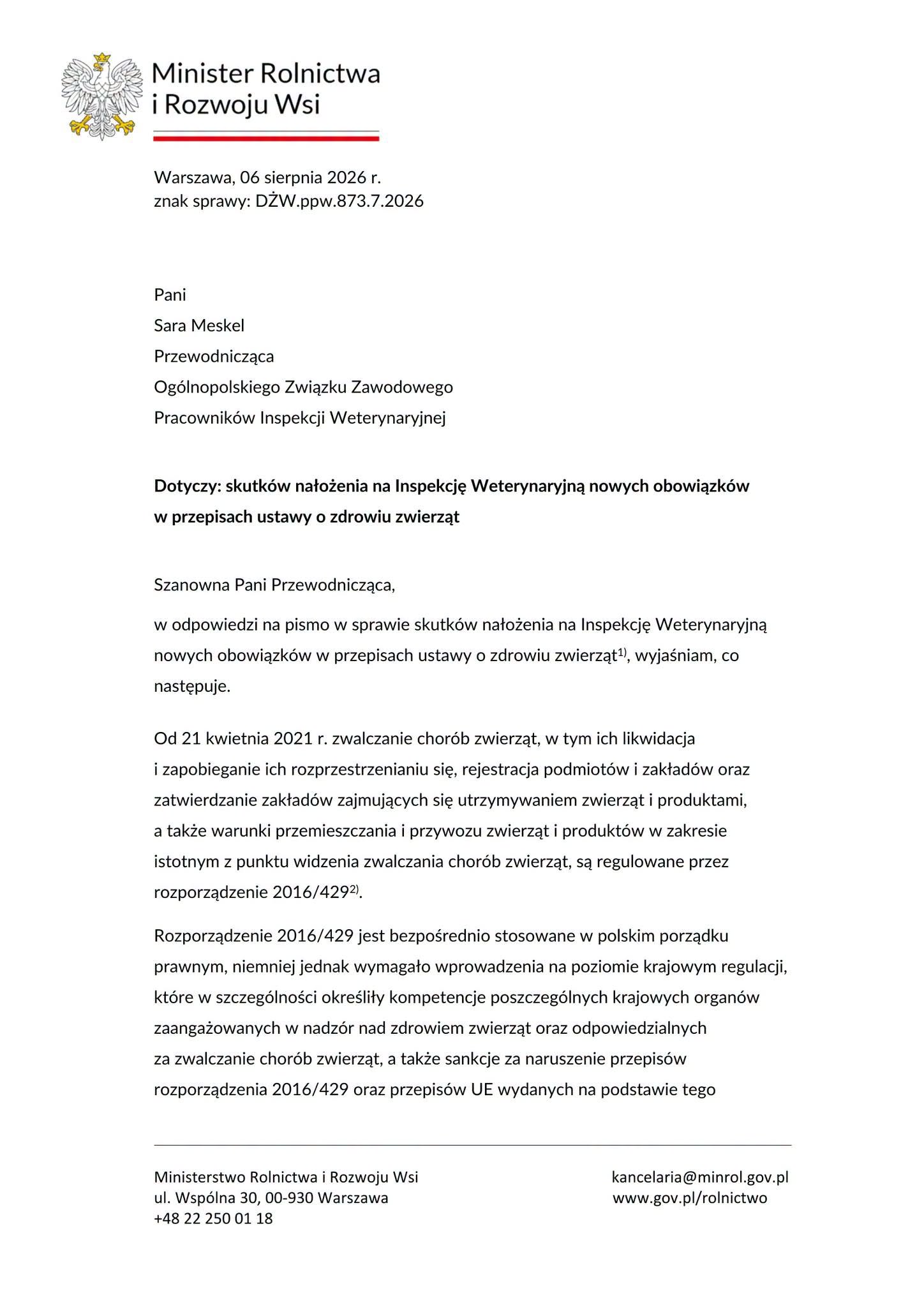 Komentarz OZZPIW do odpowiedzi Ministerstwa Rolnictwa i Rozwoju Wsi