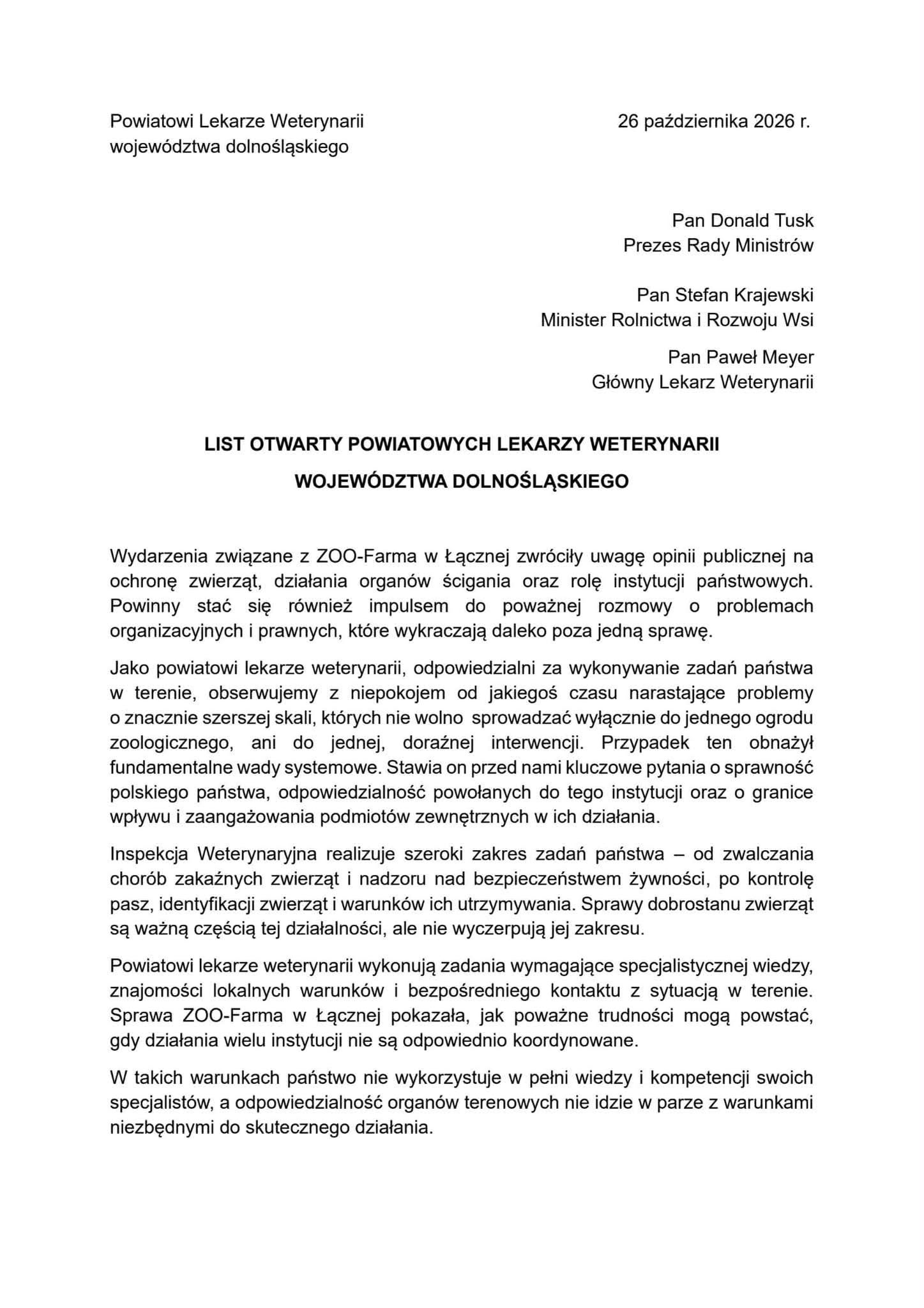 List otwarty dolnośląskich powiatowych lekarzy weterynarii. Kolejny głos w sprawie reformy Inspekcji Weterynaryjnej