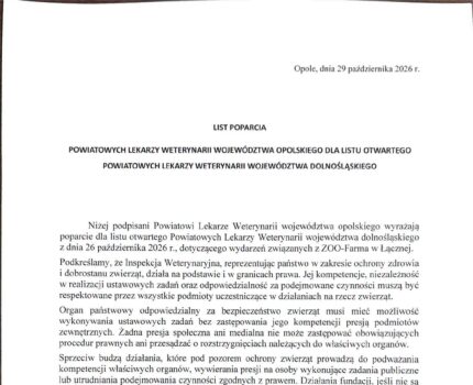 Powiatowi lekarze weterynarii z Opolszczyzny popierają stanowisko koleżanek i kolegów z Dolnego Śląska